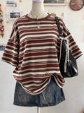 Detail view of Chic Minimalist Striped Cotton T-Shirt for Women - Perfect Gift for Friends for women styling