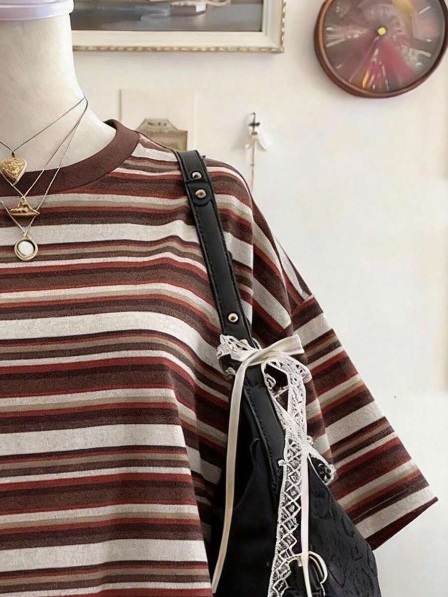Color view of Chic Minimalist Striped Cotton T-Shirt for Women - Perfect Gift for Friends for women styling