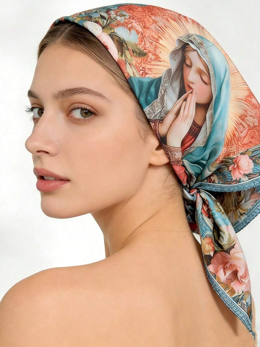 Embrace timeless elegance with this exquisite silk scarf, featuring a vintage floral design inspired by classic religious iconography. Crafted from luxurious lightweight silk, it drapes beautifully as a head wrap, neck accessory, or shoulder piece. Perfect for spring and summer styling, this versatile scarf combines spiritual reverence with sophisticated fashion. The delicate floral patterns and soft color palette complement any wardrobe while providing gentle coverage and breathable comfort. 