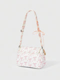 Beige corduroy bow print shoulder bag with lace trim and buckle strap