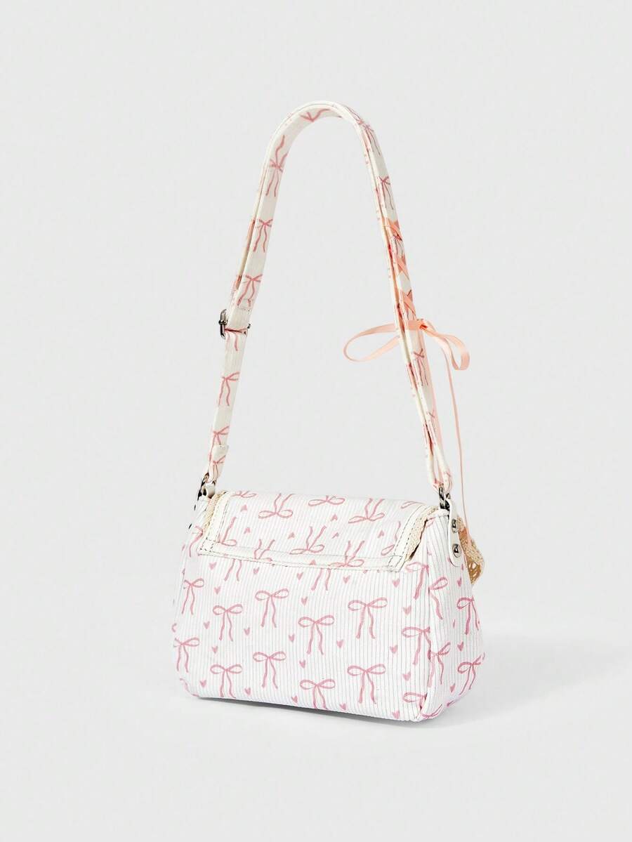 Beige corduroy bow print shoulder bag with lace trim and buckle strap
