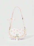 Beige kawaii shoulder bag showing rounded bottom and adjustable strap