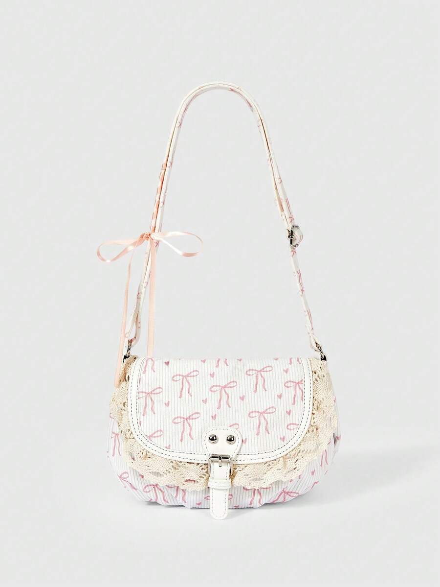 Beige kawaii shoulder bag showing rounded bottom and adjustable strap