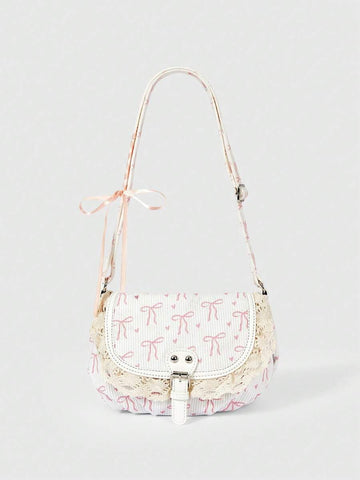 Beige kawaii shoulder bag showing rounded bottom and adjustable strap