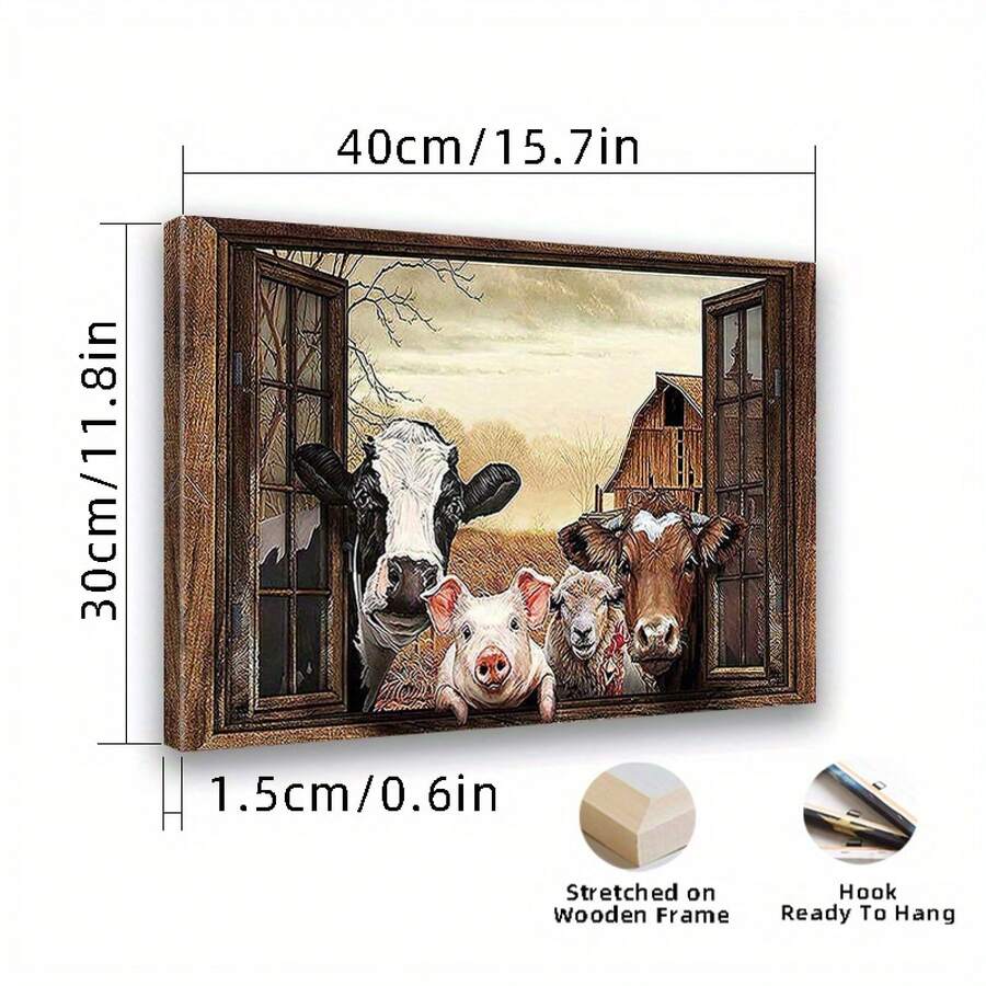 Farm animal canvas art with cow pig sheep and calf in barn window