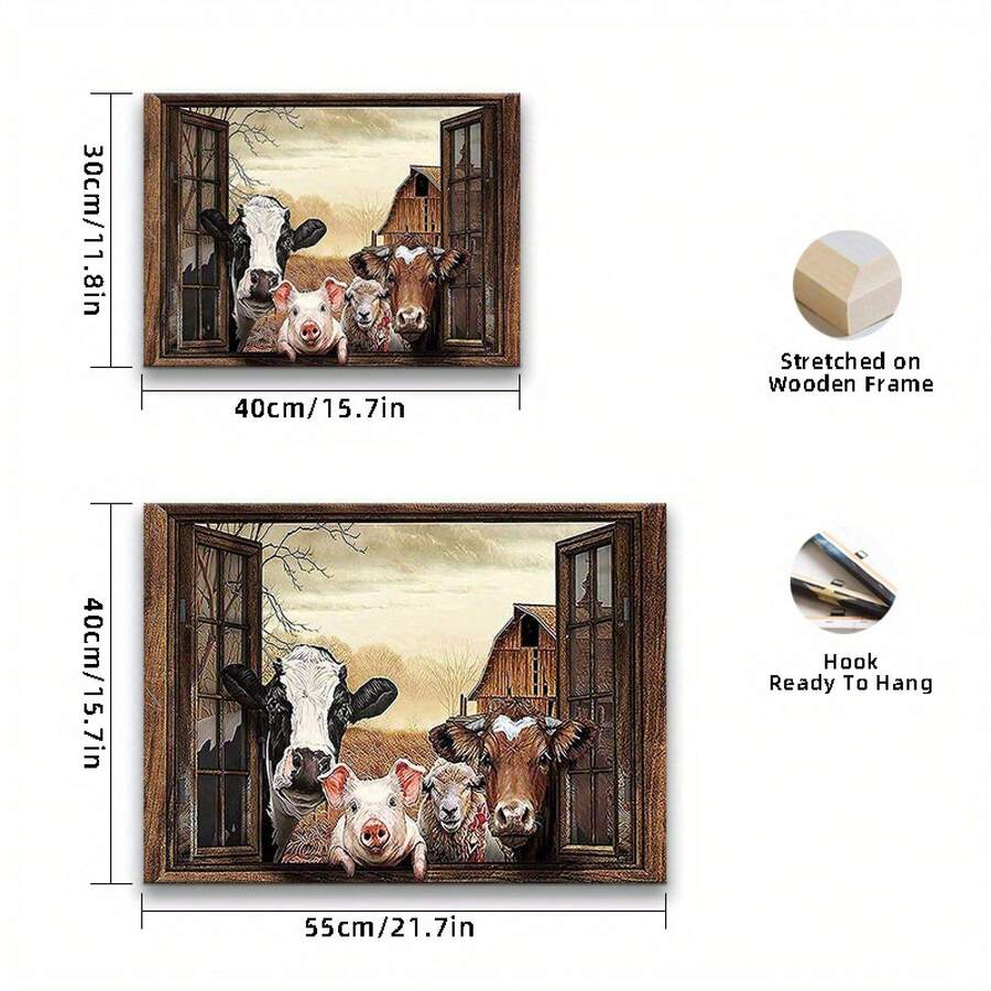 Waterproof canvas wall art with faux wooden frame animal scene