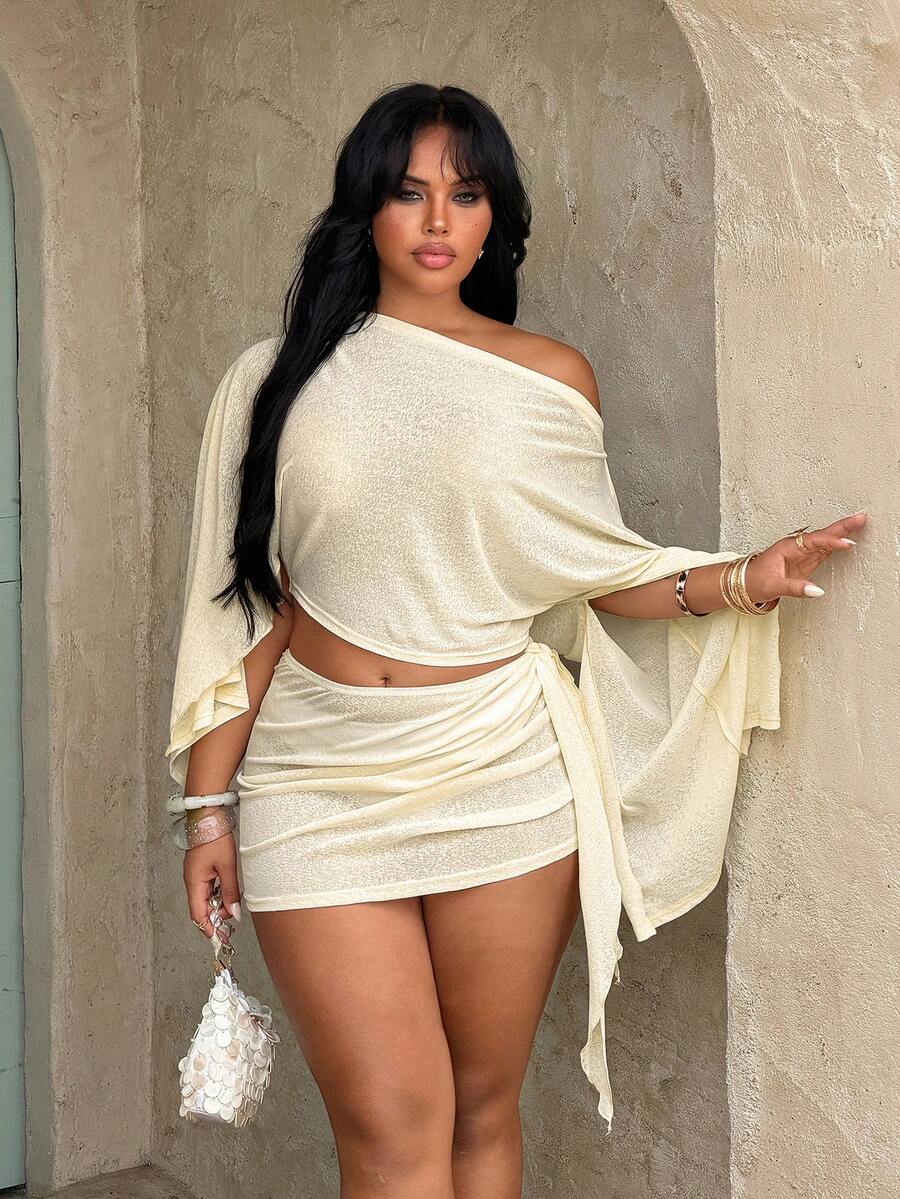 plus size two-piece beach club set with off-shoulder batwing crop top, sheer lightweight mesh or knit fabric, ruched side-tie mini skirt, exposed waist and print or solid color variants image 11