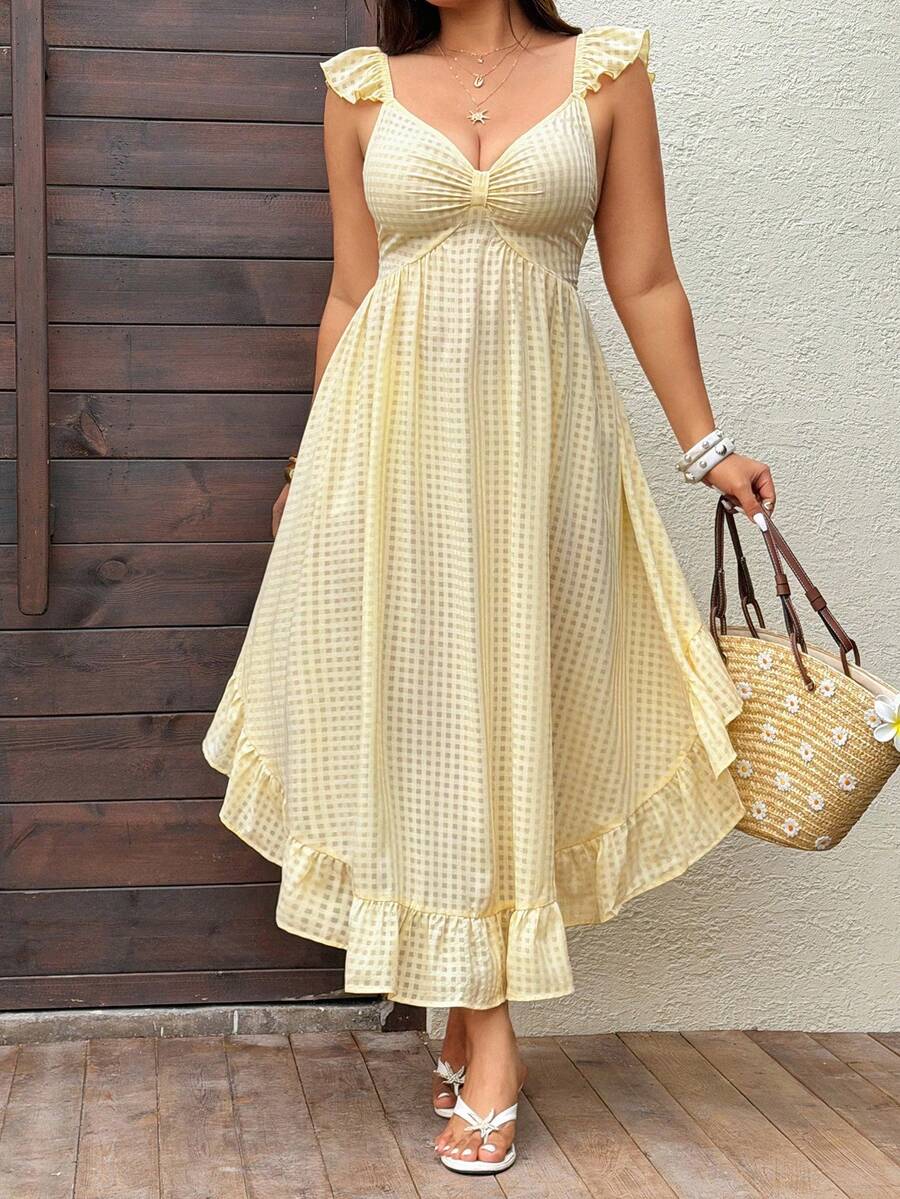 Effortless elegance meets vacation vibes in this cream checkered maxi dress. Delicate spaghetti straps frame the shoulders while the translucent fabric creates a breezy, romantic silhouette perfect for beach getaways, resort dinners, or warm-weather adventures. The classic checkered pattern adds timeless charm to any wardrobe. Lightweight and flowing, it's your go-to piece for relaxed sophistication.