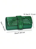 Green embellished clutch with size labels showing 25 cm width 10.5 cm height and 5 cm depth