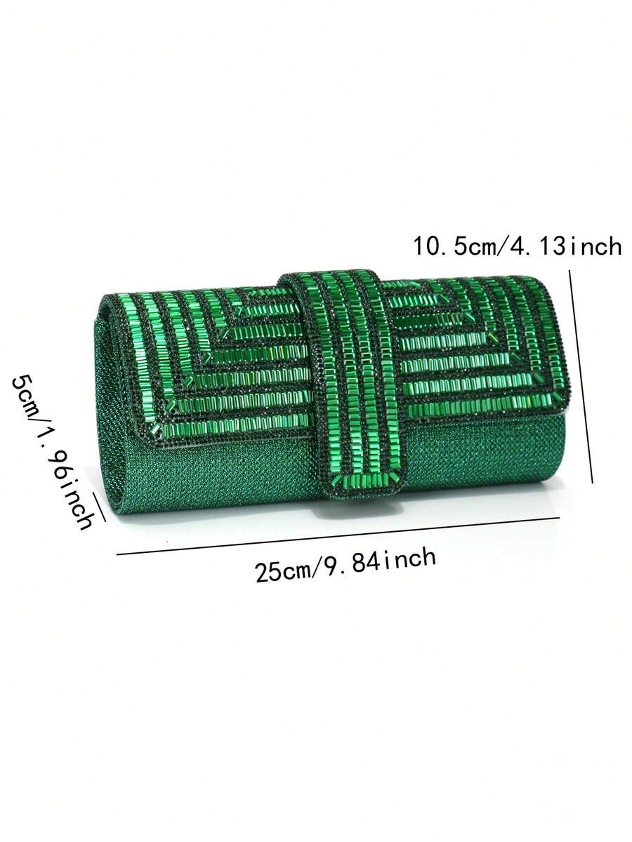 Green embellished clutch with size labels showing 25 cm width 10.5 cm height and 5 cm depth