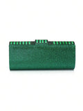 Back view green glitter satin clutch with rhinestone top edge and rounded body