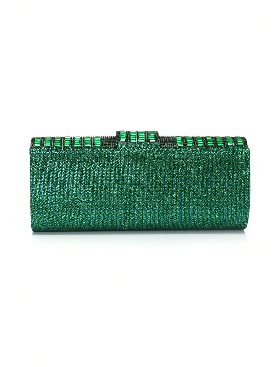 Back view green glitter satin clutch with rhinestone top edge and rounded body