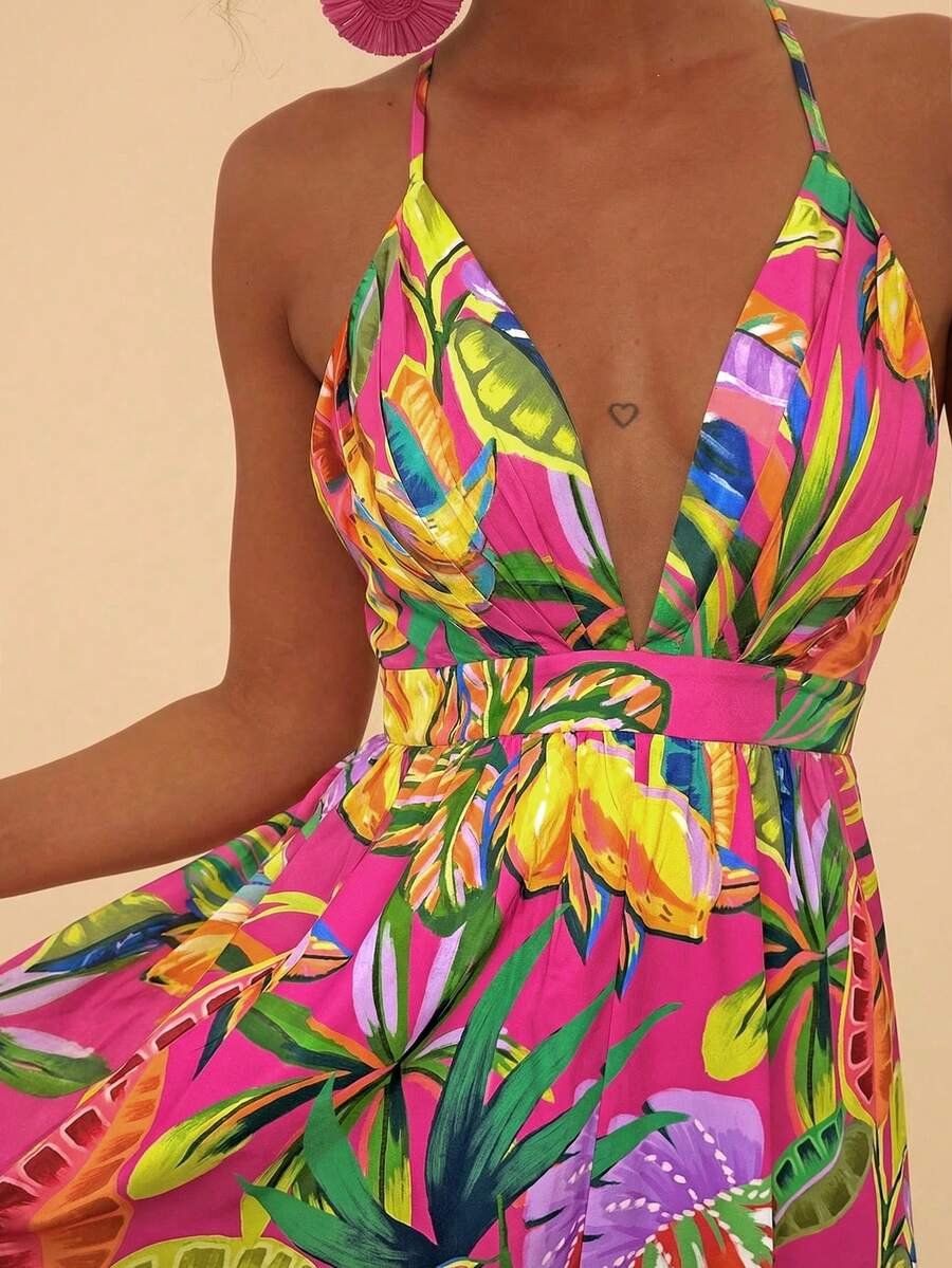 Exude Sun-Drenched Sophistication in Our Tropical Floral Backless Spaghetti Strap Dress!

Experience the breathtaking fusion of heritage botanical artistry and sharp, modern architectural tailoring. This stunning tropical-print ensemble is meticulously designed for the woman who values a high-fashion, "quiet luxury" approach to seasonal dressing—the ultimate centerpiece for prestigious coastal retreats, exclusive family celebrations, and high-authority summer vacations.

Iconic Tropical Artistry: Featuring 