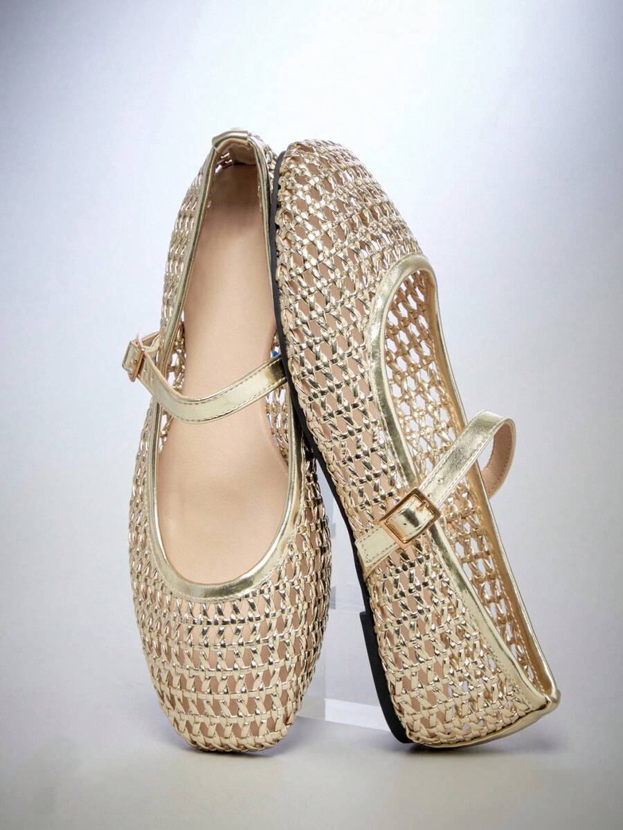 metallic woven Mary Jane flats image 1 showing visible Mary Jane flat design and low sole