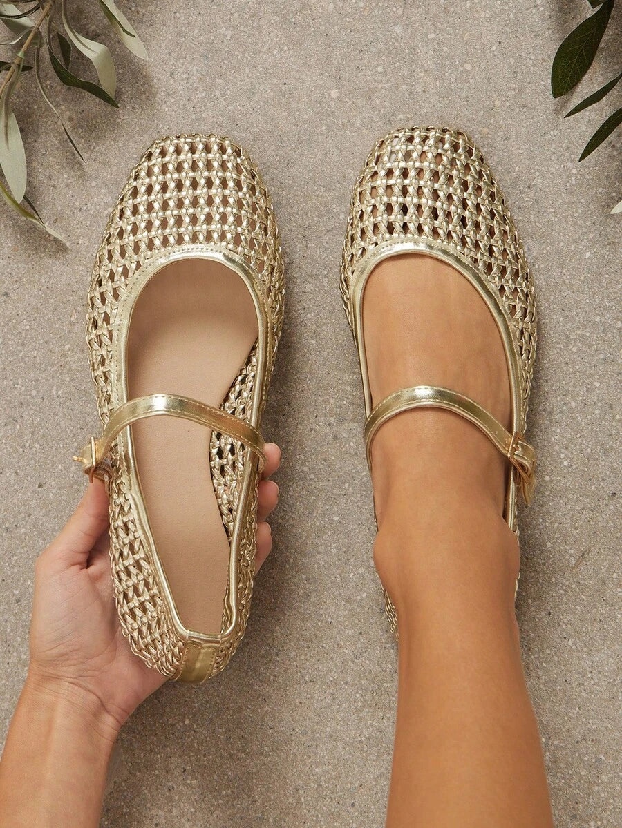 metallic woven Mary Jane flats image 1 showing visible Mary Jane flat design and low sole