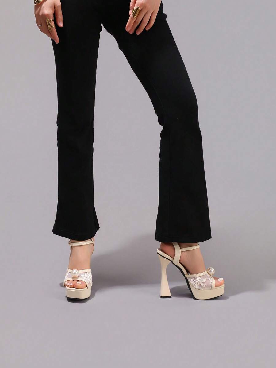 Cream pearl lace platform sandal view 4 with open toe and ankle strap