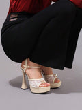 Cream pearl lace platform sandal view 1 with open toe and ankle strap