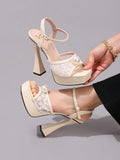 Cream pearl lace platform sandal view 3 with open toe and ankle strap