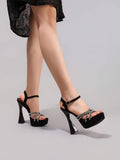 Black rhinestone crisscross platform sandal view 5 with open toe and ankle strap