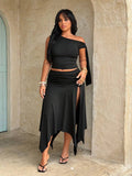 plus size two-piece skirt set in black olive green and brown with asymmetric one-shoulder crop top, draped shoulder tie panel, high waist ruched midi skirt, handkerchief hem and high thigh slit image 4