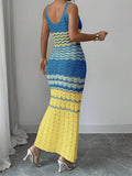 Back view of blue yellow and ivory crochet maxi dress with fitted shape and flared hem