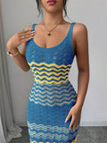 Front view of blue yellow ivory openwork chevron knit bodycon dress