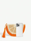 Bright woven bag texture shown on fruit-shaped clutch