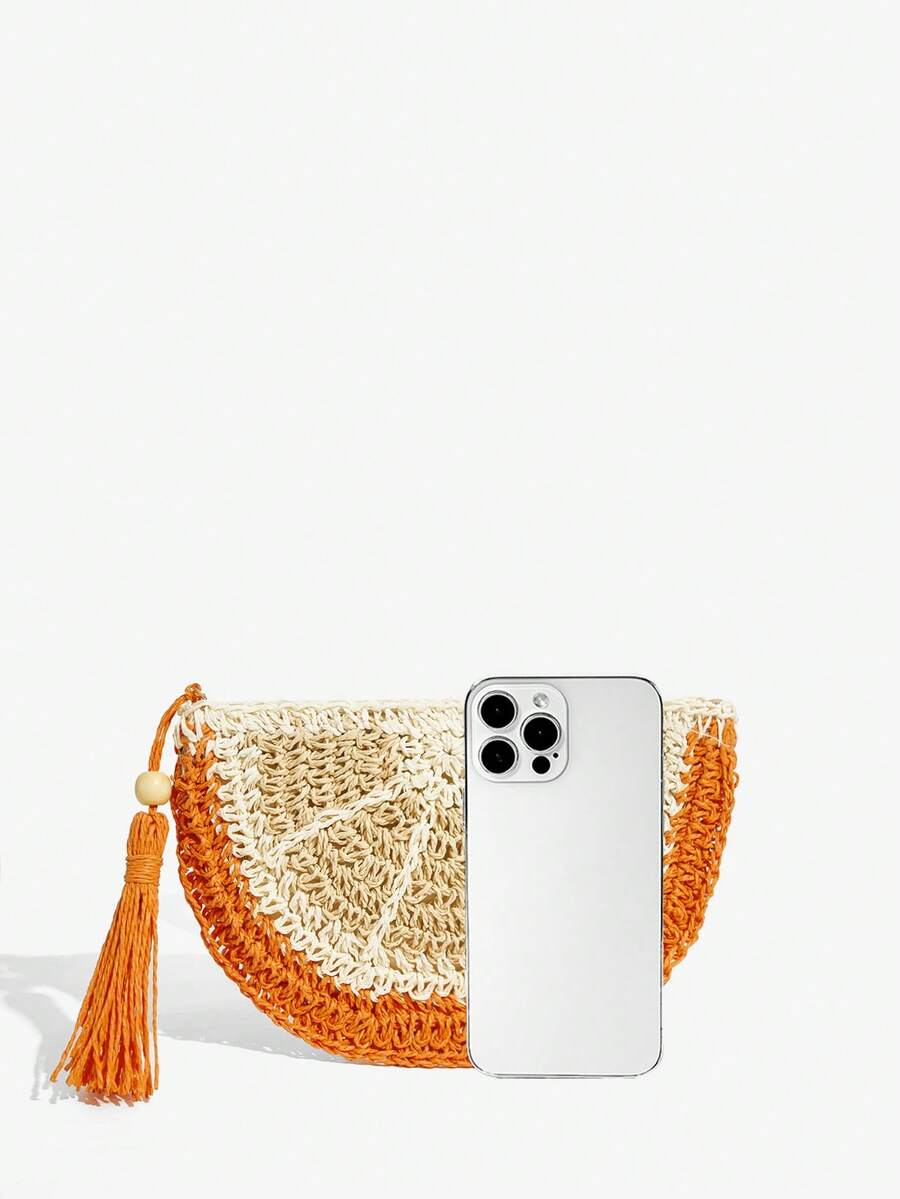 Bright woven bag texture shown on fruit-shaped clutch