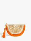 Holiday accessory look featuring colorful straw clutch bag