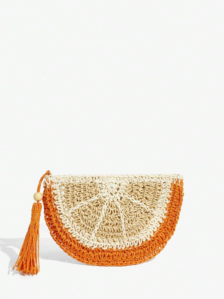 Holiday accessory look featuring colorful straw clutch bag