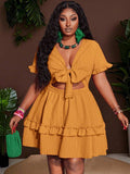 Close-up view of plus size fuchsia ruffle mini dress - casual & romantic two-piece set for vacations with mini dress silhouette, plus size fit for summer casual wear
