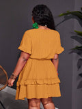 Close-up view of plus size fuchsia ruffle mini dress - casual & romantic two-piece set for vacations with mini dress silhouette, plus size fit for summer casual wear