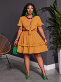 Close-up view of plus size fuchsia ruffle mini dress - casual & romantic two-piece set for vacations with mini dress silhouette, plus size fit for summer casual wear