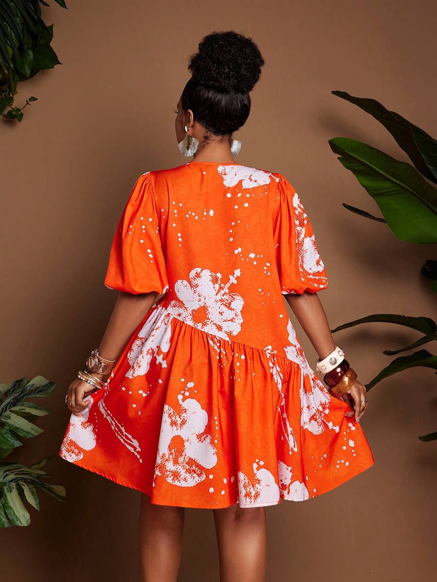 Image 11 - fit detail of Chic Plus Size Women's Summer Travel Dress with Lantern Sleeves and Ruched A-Line Design