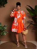 Image 12 - model view of Chic Plus Size Women's Summer Travel Dress with Lantern Sleeves and Ruched A-Line Design