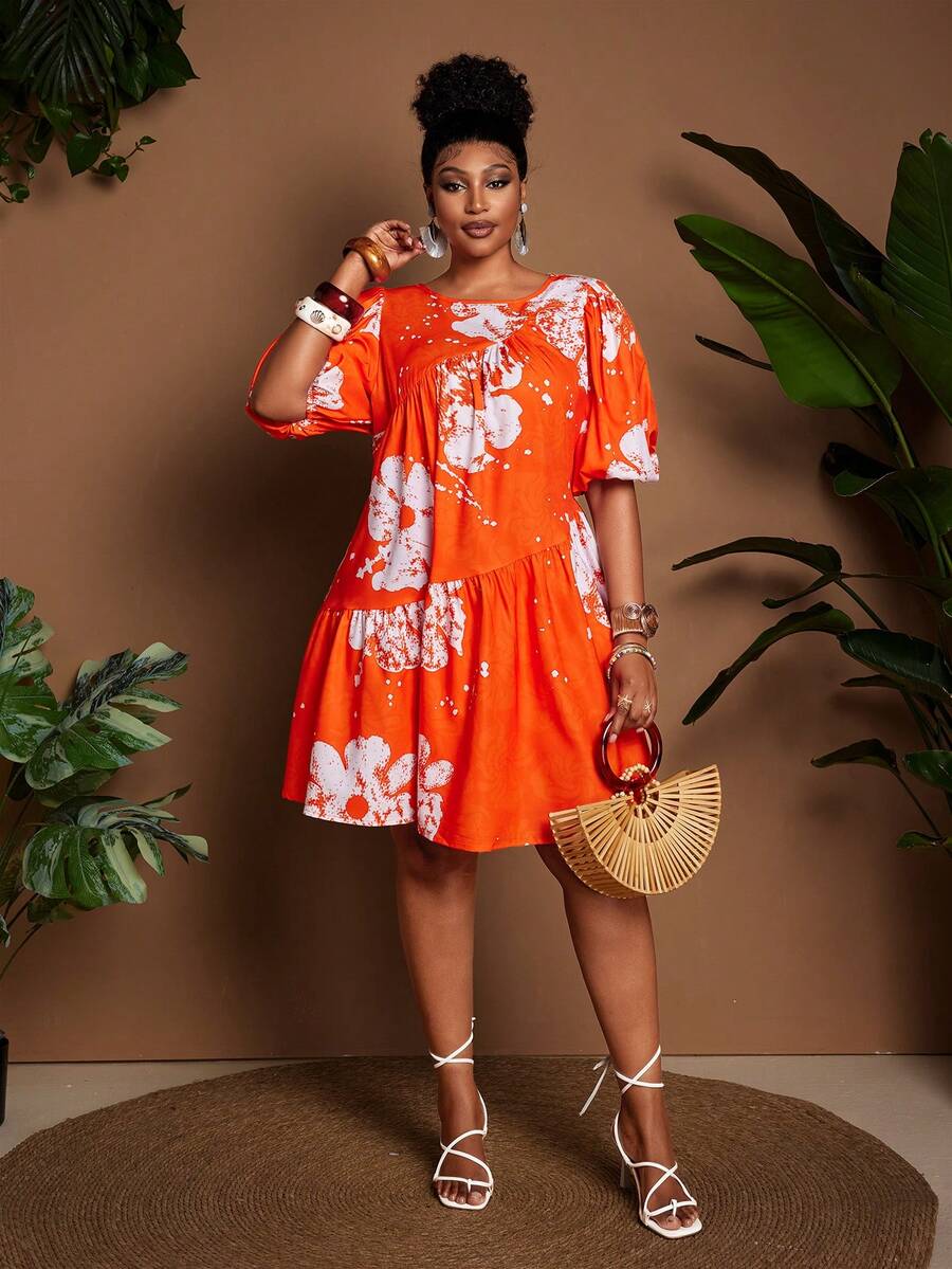 Image 12 - model view of Chic Plus Size Women's Summer Travel Dress with Lantern Sleeves and Ruched A-Line Design