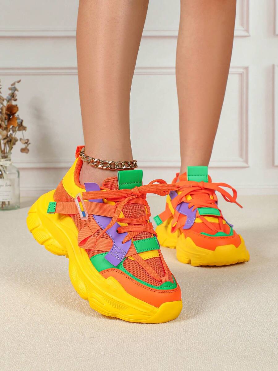 colorful chunky dad sneakers image 1 showing visible mesh, laces, color, sole, toe, heel, or sneaker construction details