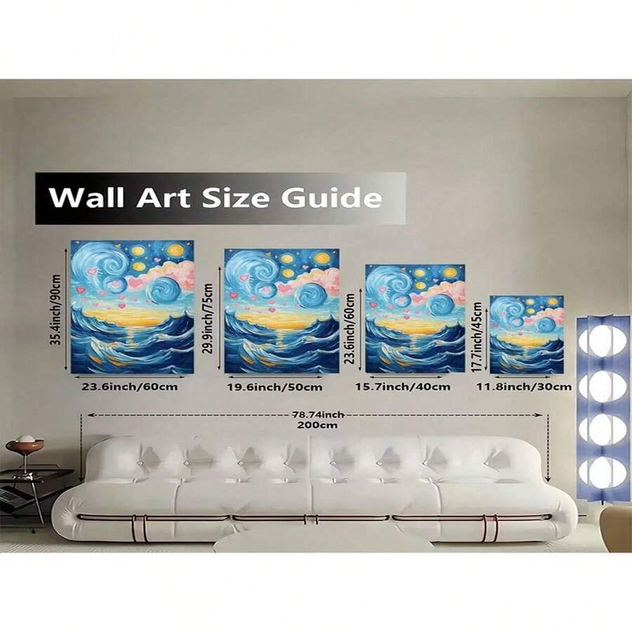 Wall art size guide showing sample landscape options