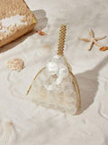Rice white shell disc mini handbag with gold bead handle