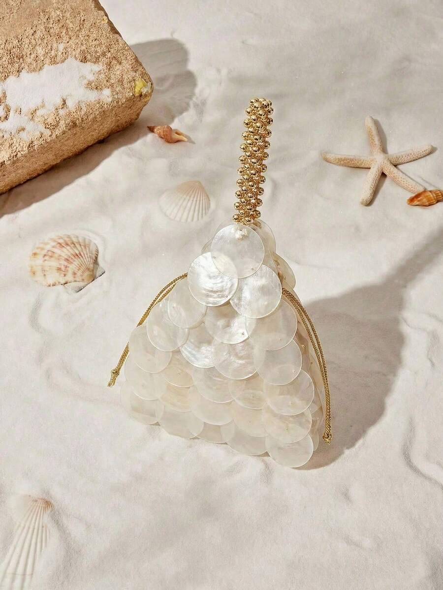 Rice white shell disc mini handbag with gold bead handle