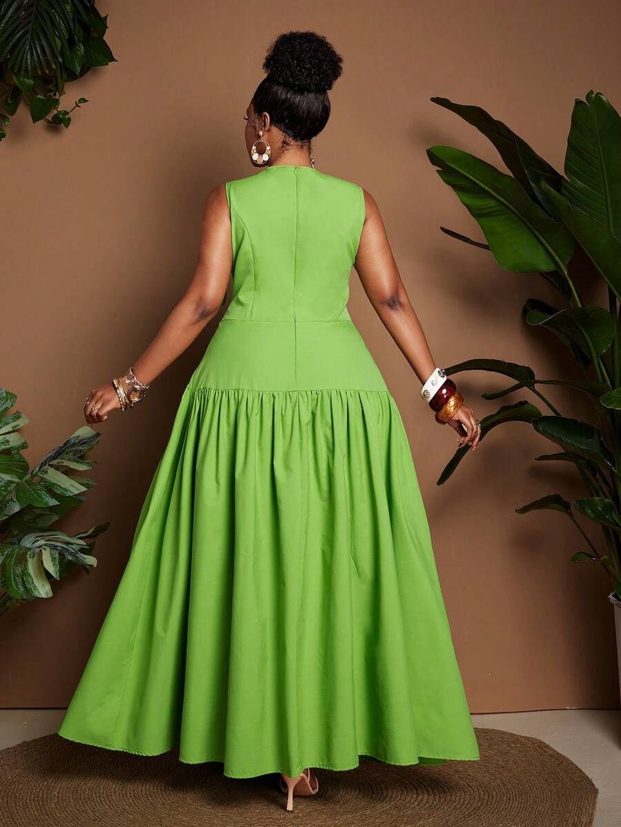 Image 6 - full length view of Stylish Plus Size Sleeveless Dress with Cutout and Cinched Waist for a Flattering Fit
