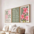 Framed Matisse-inspired botanical, abstract face line art and pink lily canvas wall art above a sofa