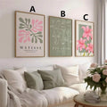 Abstract canvas wall art pattern guide showing botanical print A, line art print B and pink lily print C