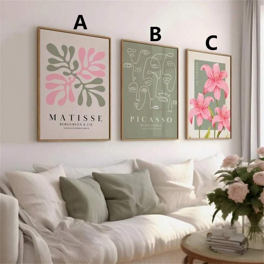 Abstract canvas wall art pattern guide showing botanical print A, line art print B and pink lily print C