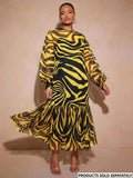 Front view of yellow and black zebra print long dress with sheer bishop sleeves and gathered hem
