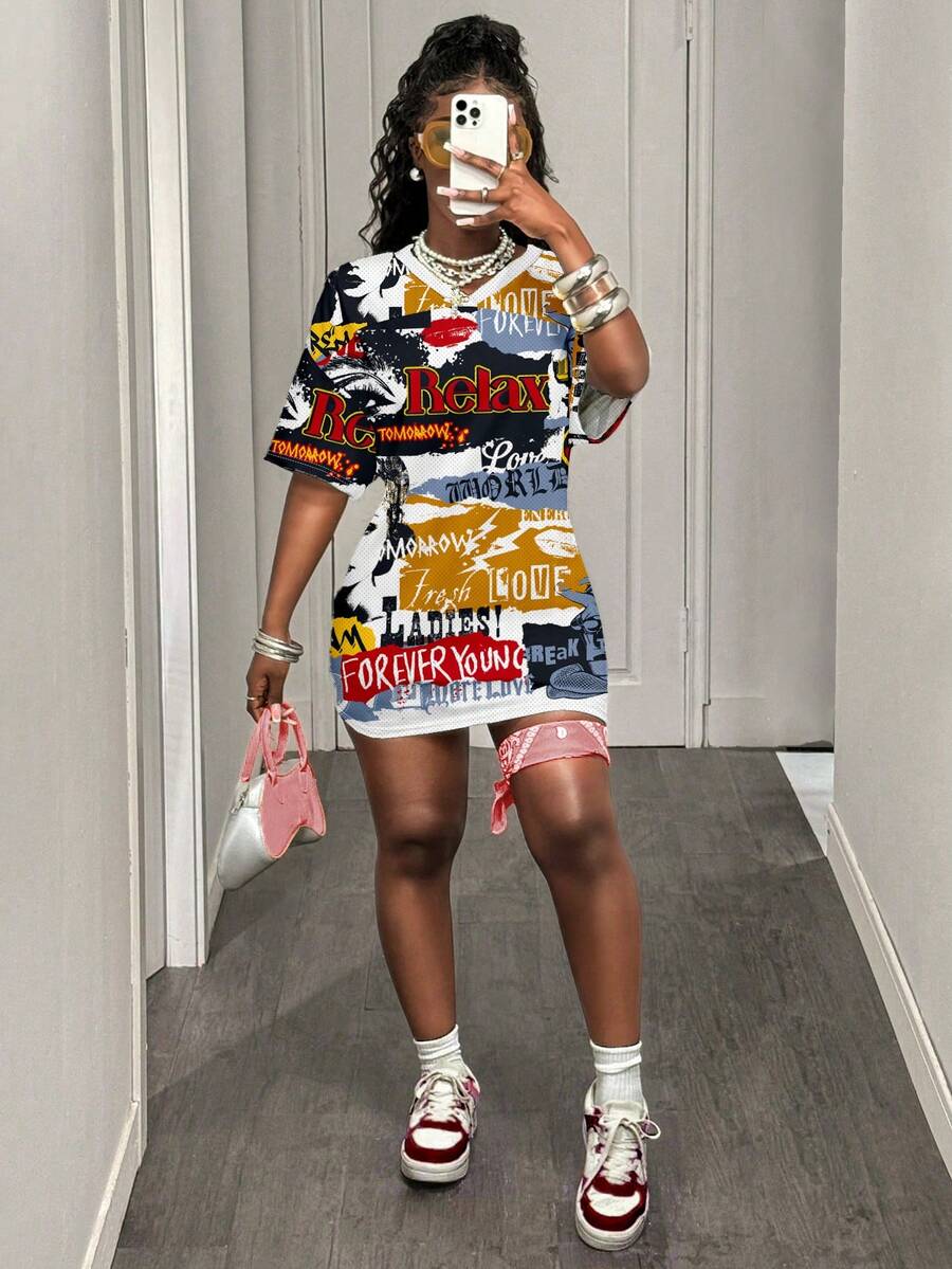 Front view of V-neck mini dress with Y2K vintage style for summer streetwear