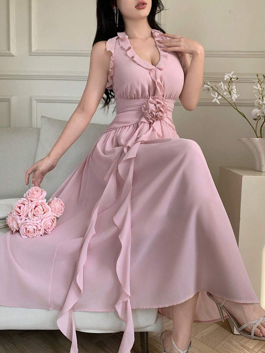 Blush pink halter dress with 3D waist rose and cascading ruffle