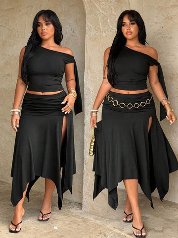 plus size two-piece skirt set in black olive green and brown with asymmetric one-shoulder crop top, draped shoulder tie panel, high waist ruched midi skirt, handkerchief hem and high thigh slit image 2