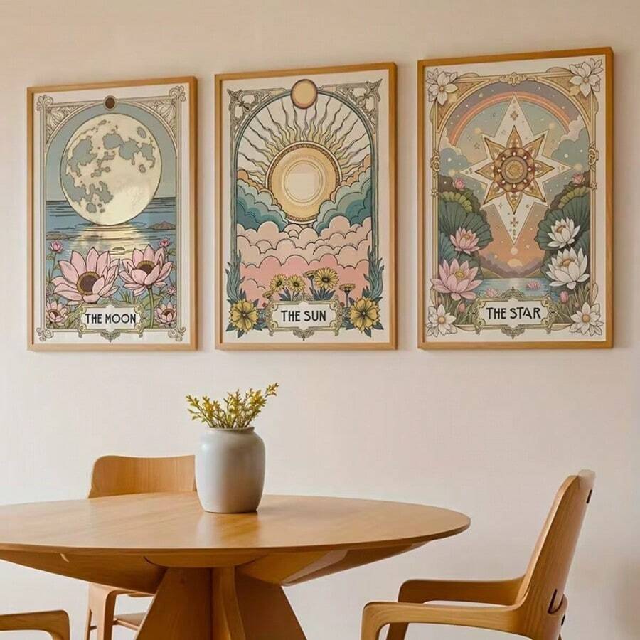 Embrace celestial mystique with this enchanting three-piece tarot art print set. Each canvas features intricate boho-inspired designs blending vintage aesthetics with cosmic symbolism - the radiant Sun, ethereal Star, and serene Moon, all adorned with delicate florals. Perfect for creating a spiritual sanctuary in any room, these prints add warmth, character, and a touch of bohemian elegance to your walls. 