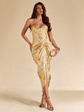 Cream metallic gold-print midi dress with halter strap draped wrap skirt and front slit